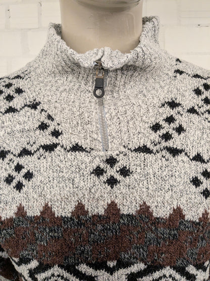Pull Vogue vintage avec fermeture éclair. Brun gris blanc coloré. Taille L.
