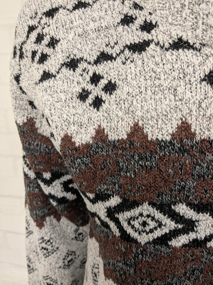 Pull Vogue vintage avec fermeture éclair. Brun gris blanc coloré. Taille L.