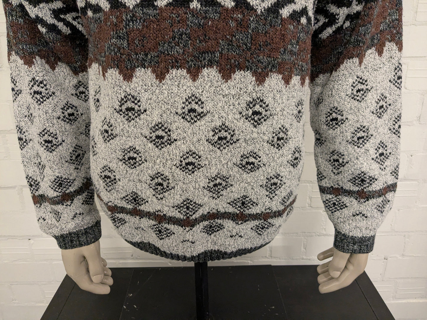 Pull Vogue vintage avec fermeture éclair. Brun gris blanc coloré. Taille L.