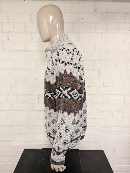 Pull Vogue vintage avec fermeture éclair. Brun gris blanc coloré. Taille L.