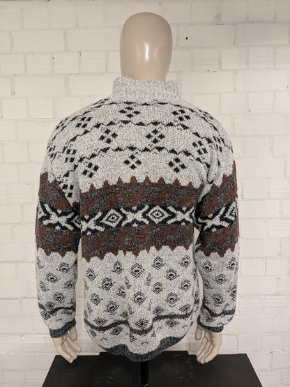 Pull Vogue vintage avec fermeture éclair. Brun gris blanc coloré. Taille L.