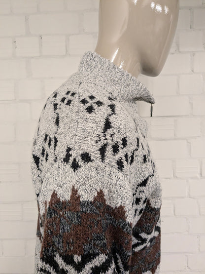 Pull Vogue vintage avec fermeture éclair. Brun gris blanc coloré. Taille L.