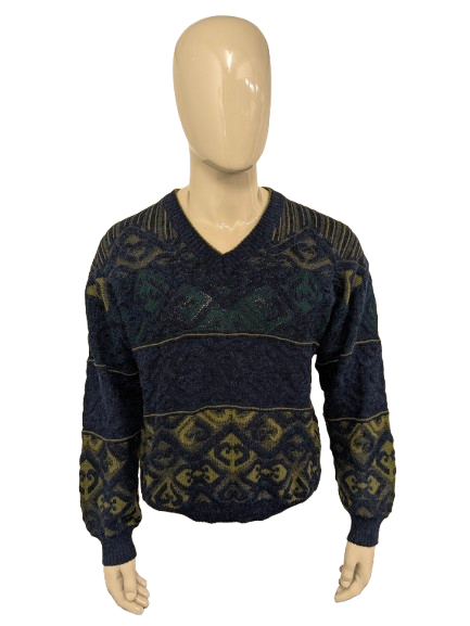 Vintage Monte Carlo Pullover aus Alpaka/Wolle mit V-Ausschnitt – blau/grün – Größe M
