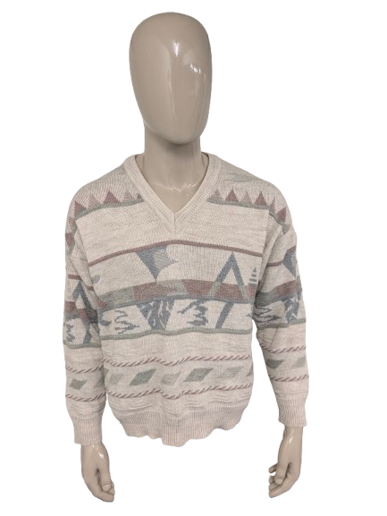 Nuovo maglione di lana veloce vintage con scollo a V. Blu verde color lilla a beige. Dimensione L. 30% lana.