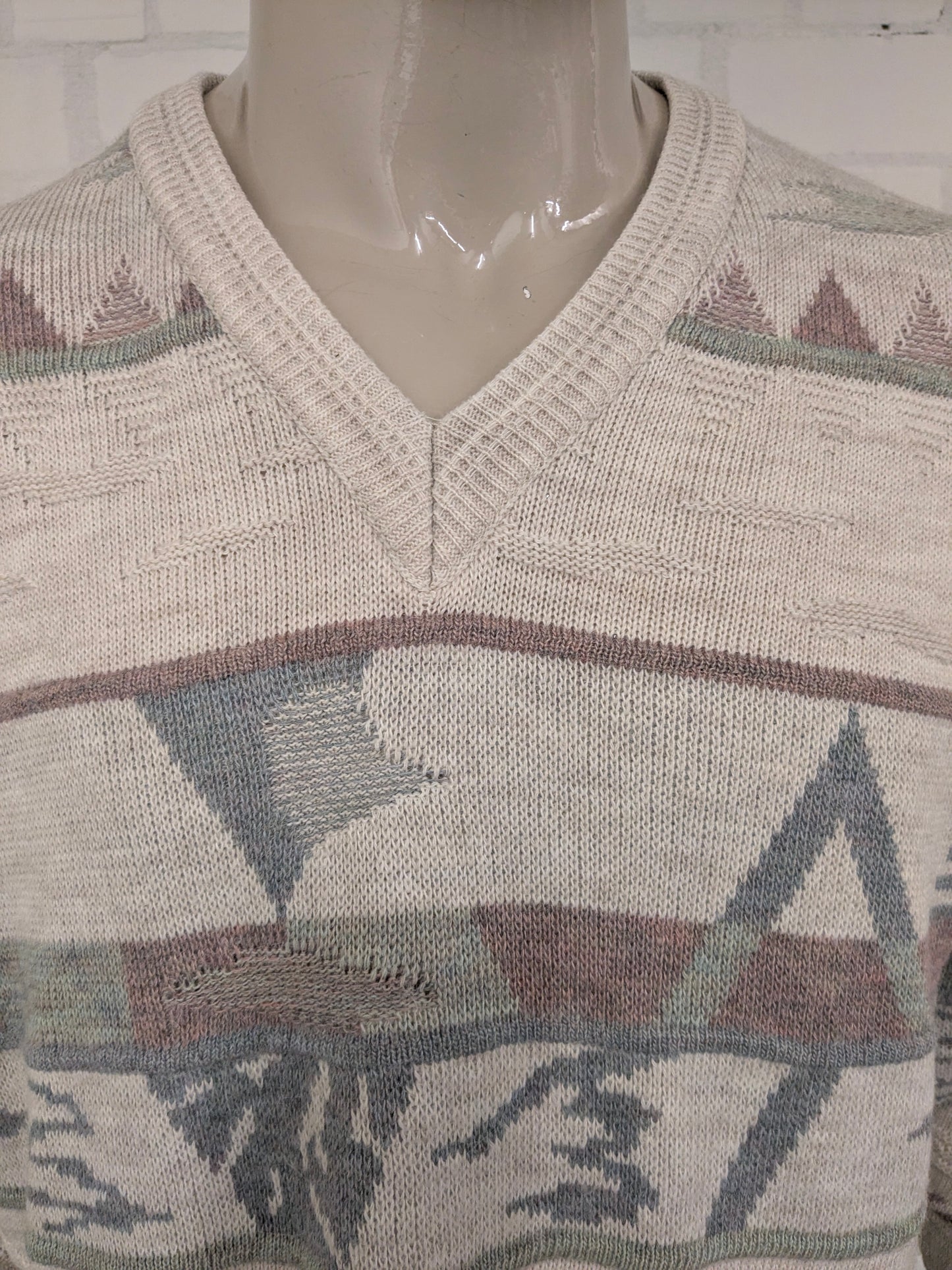 Nuovo maglione di lana veloce vintage con scollo a V. Blu verde color lilla a beige. Dimensione L. 30% lana.