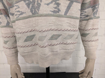 Nuovo maglione di lana veloce vintage con scollo a V. Blu verde color lilla a beige. Dimensione L. 30% lana.