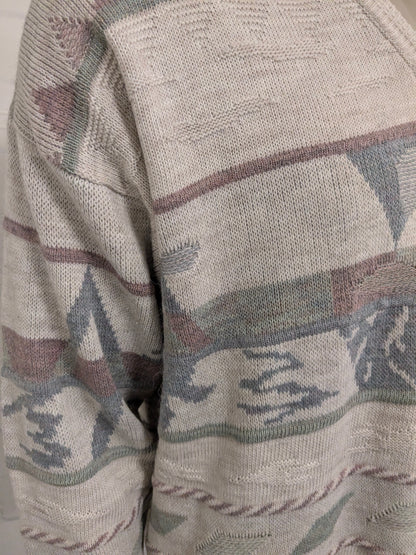 Nuovo maglione di lana veloce vintage con scollo a V. Blu verde color lilla a beige. Dimensione L. 30% lana.