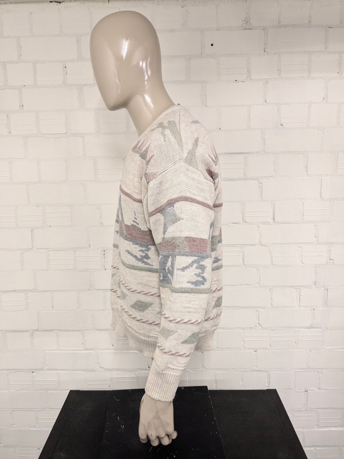 Nuovo maglione di lana veloce vintage con scollo a V. Blu verde color lilla a beige. Dimensione L. 30% lana.