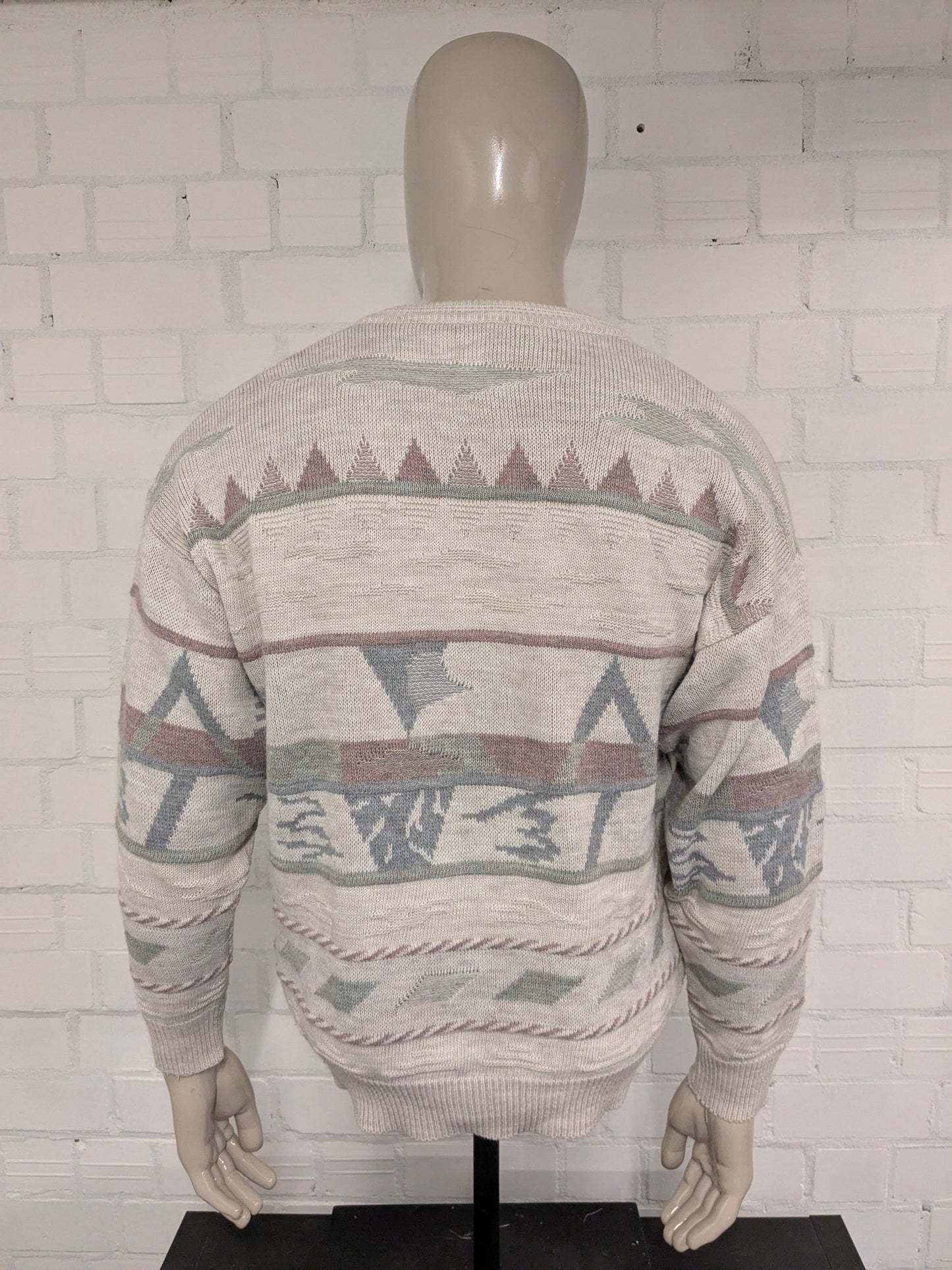 Nuovo maglione di lana veloce vintage con scollo a V. Blu verde color lilla a beige. Dimensione L. 30% lana.