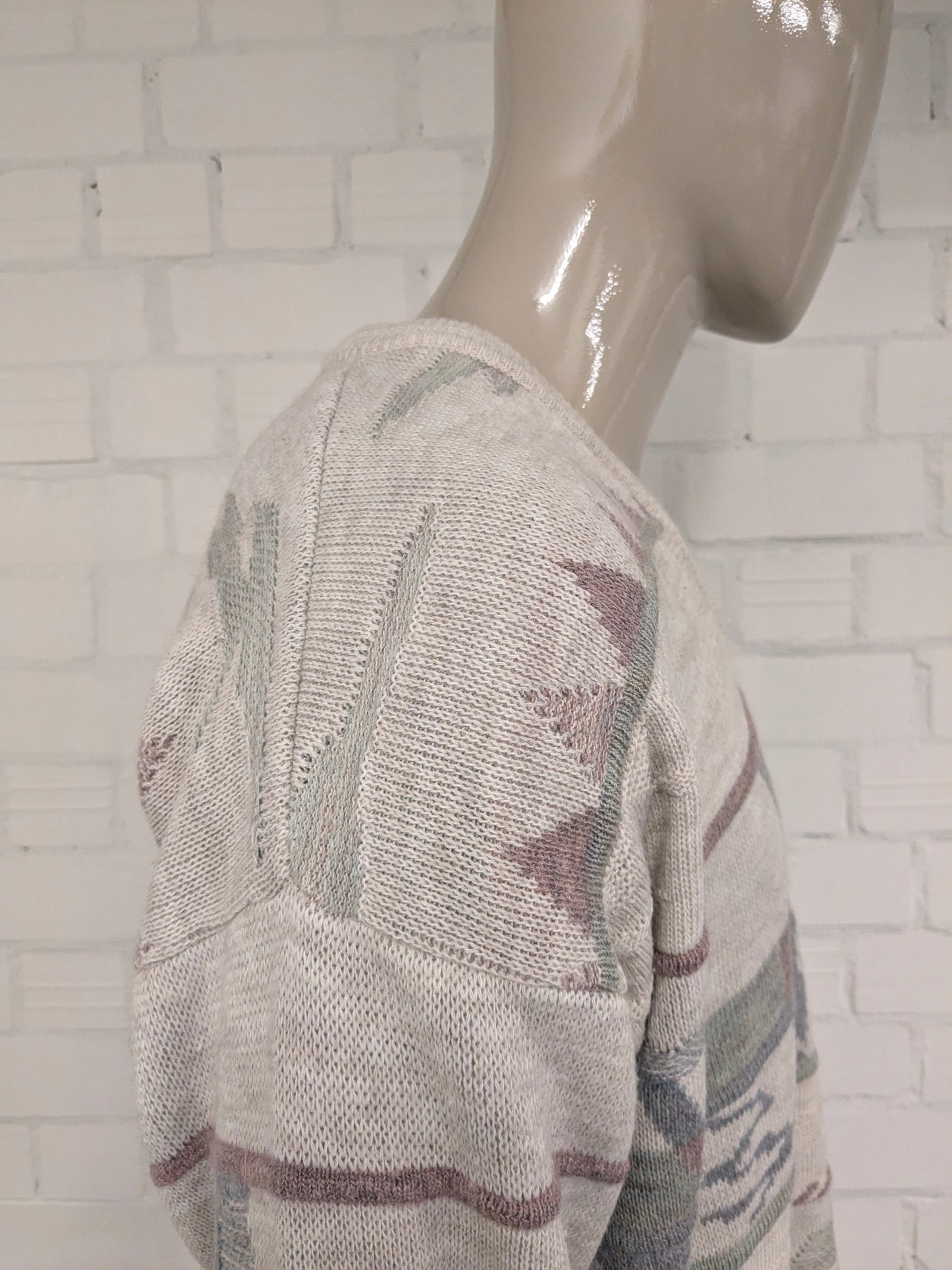 Nuovo maglione di lana veloce vintage con scollo a V. Blu verde color lilla a beige. Dimensione L. 30% lana.