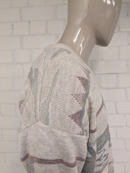 Nuovo maglione di lana veloce vintage con scollo a V. Blu verde color lilla a beige. Dimensione L. 30% lana.