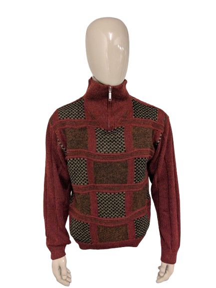 Collezione vintage senza maglione di lana con cerniera. Braco rosso marrone colorato. Dimensione L. 30% lana.