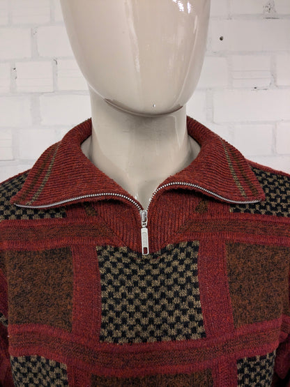 Collezione vintage senza maglione di lana con cerniera. Braco rosso marrone colorato. Dimensione L. 30% lana.