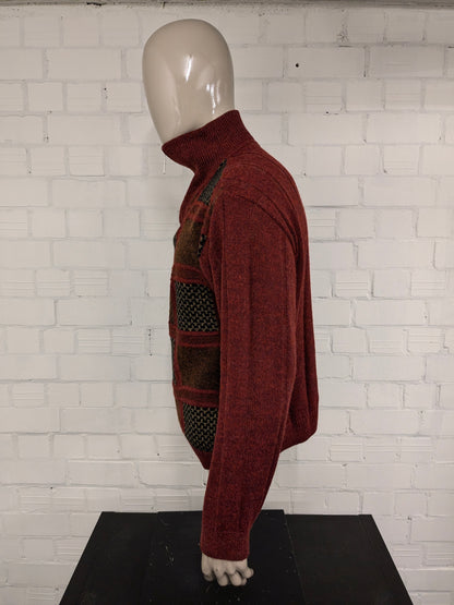 Collezione vintage senza maglione di lana con cerniera. Braco rosso marrone colorato. Dimensione L. 30% lana.