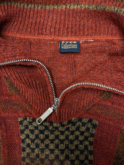 Collezione vintage senza maglione di lana con cerniera. Braco rosso marrone colorato. Dimensione L. 30% lana.