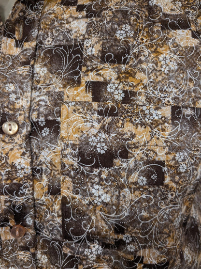 Vintage Diamond Touch -Shirt. Braune weiße Blumen drucken. Größe M.