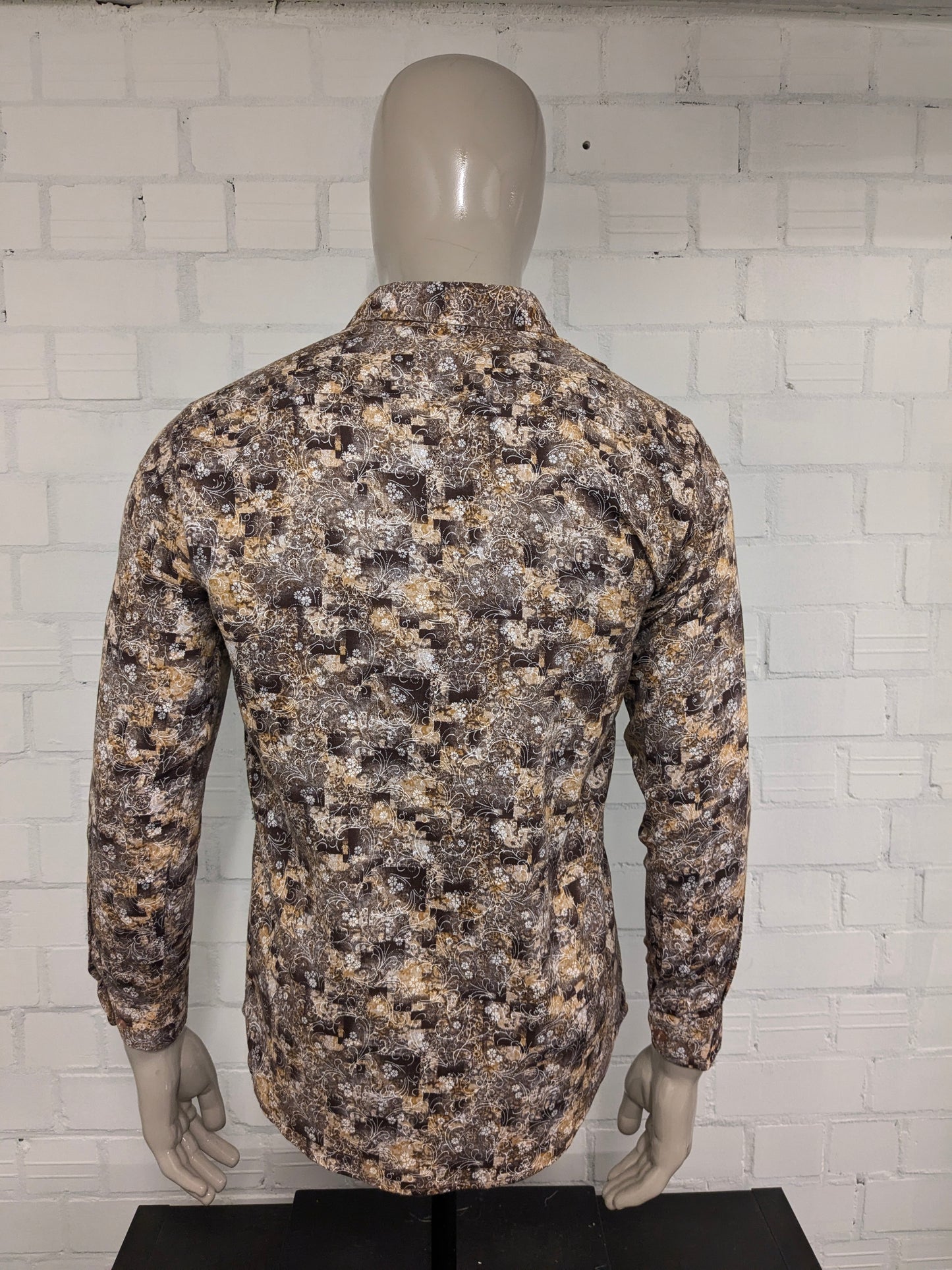 Vintage Diamond Touch -Shirt. Braune weiße Blumen drucken. Größe M.