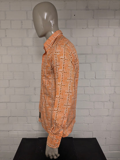 Ben Sherman 70's shirt with point collar. Orange beige black print. Size L. Slim Fit.