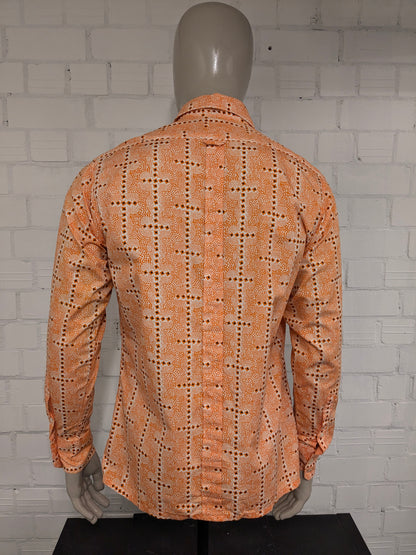Ben Sherman 70's shirt with point collar. Orange beige black print. Size L. Slim Fit.