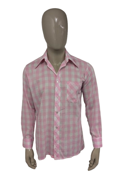 Chemise Aktuell vintage des années 70 avec collier. À carreaux blanc rose. Taille L.