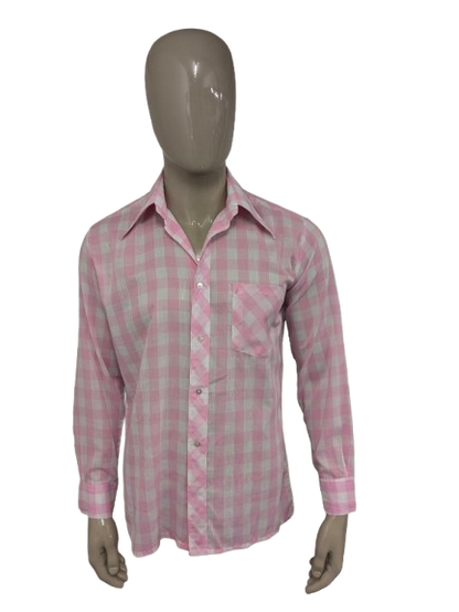Chemise Aktuell vintage des années 70 avec collier. À carreaux blanc rose. Taille L.