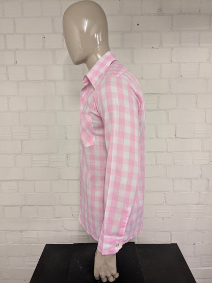 Chemise Aktuell vintage des années 70 avec collier. À carreaux blanc rose. Taille L.