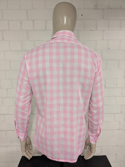 Chemise Aktuell vintage des années 70 avec collier. À carreaux blanc rose. Taille L.