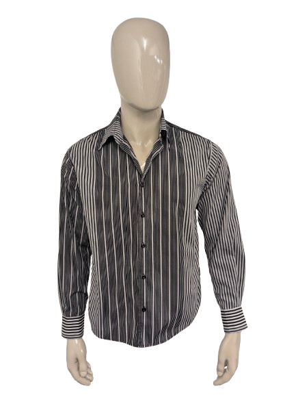 Vintage Angelo Litrico shirt. Black beige striped. Size L.