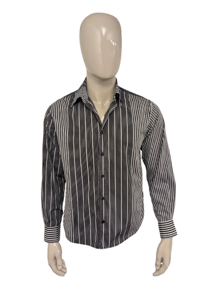 Vintage Angelo Litrico shirt. Black beige striped. Size L.