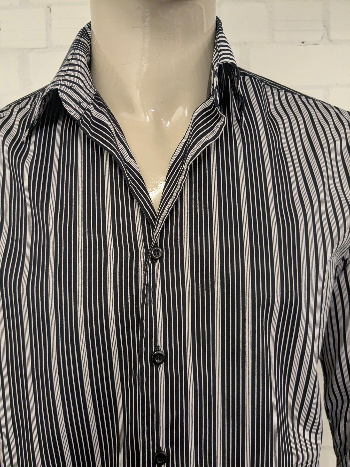 Vintage Angelo Litrico shirt. Black beige striped. Size L.