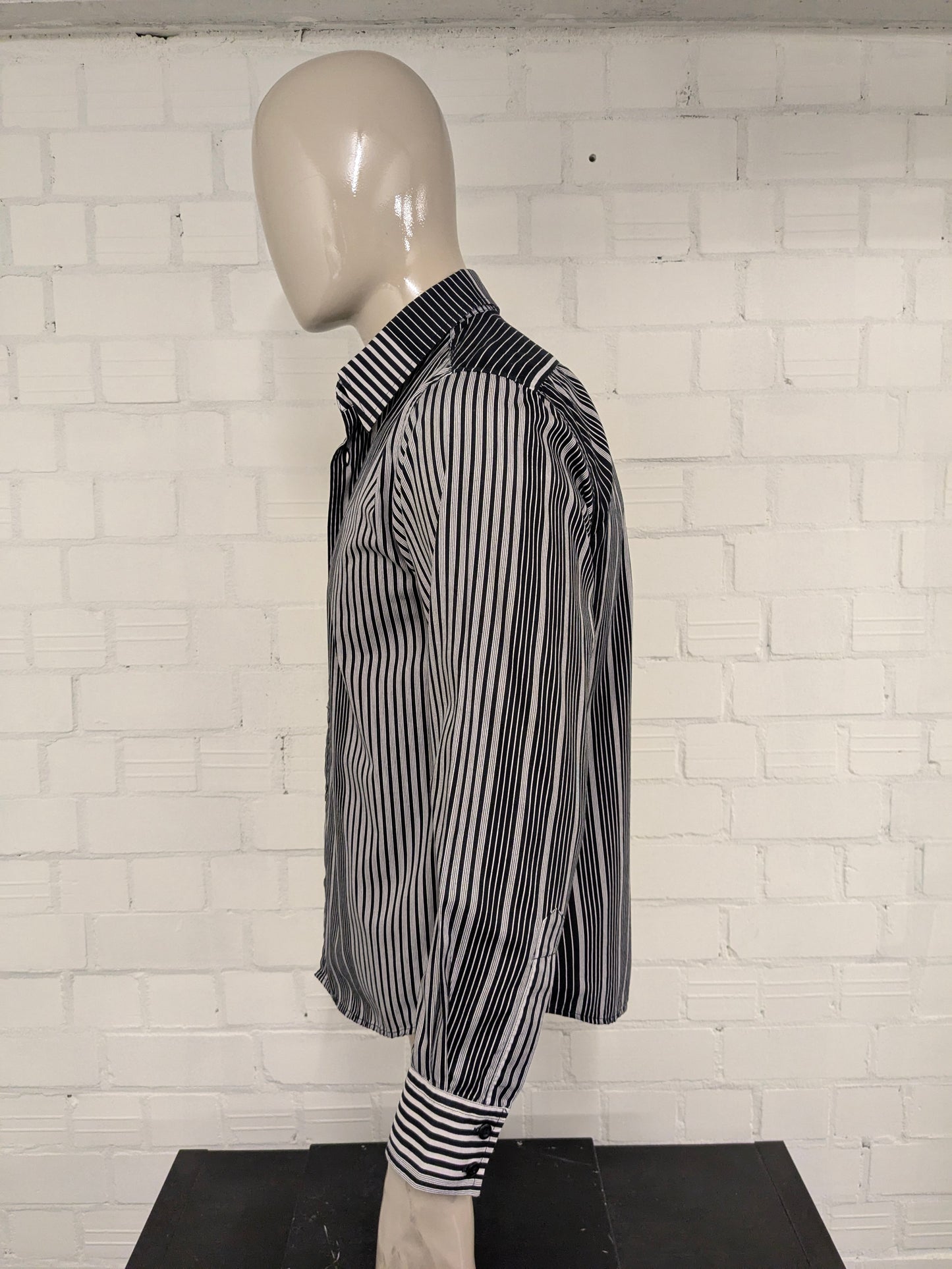 Vintage Angelo Litrico shirt. Black beige striped. Size L.