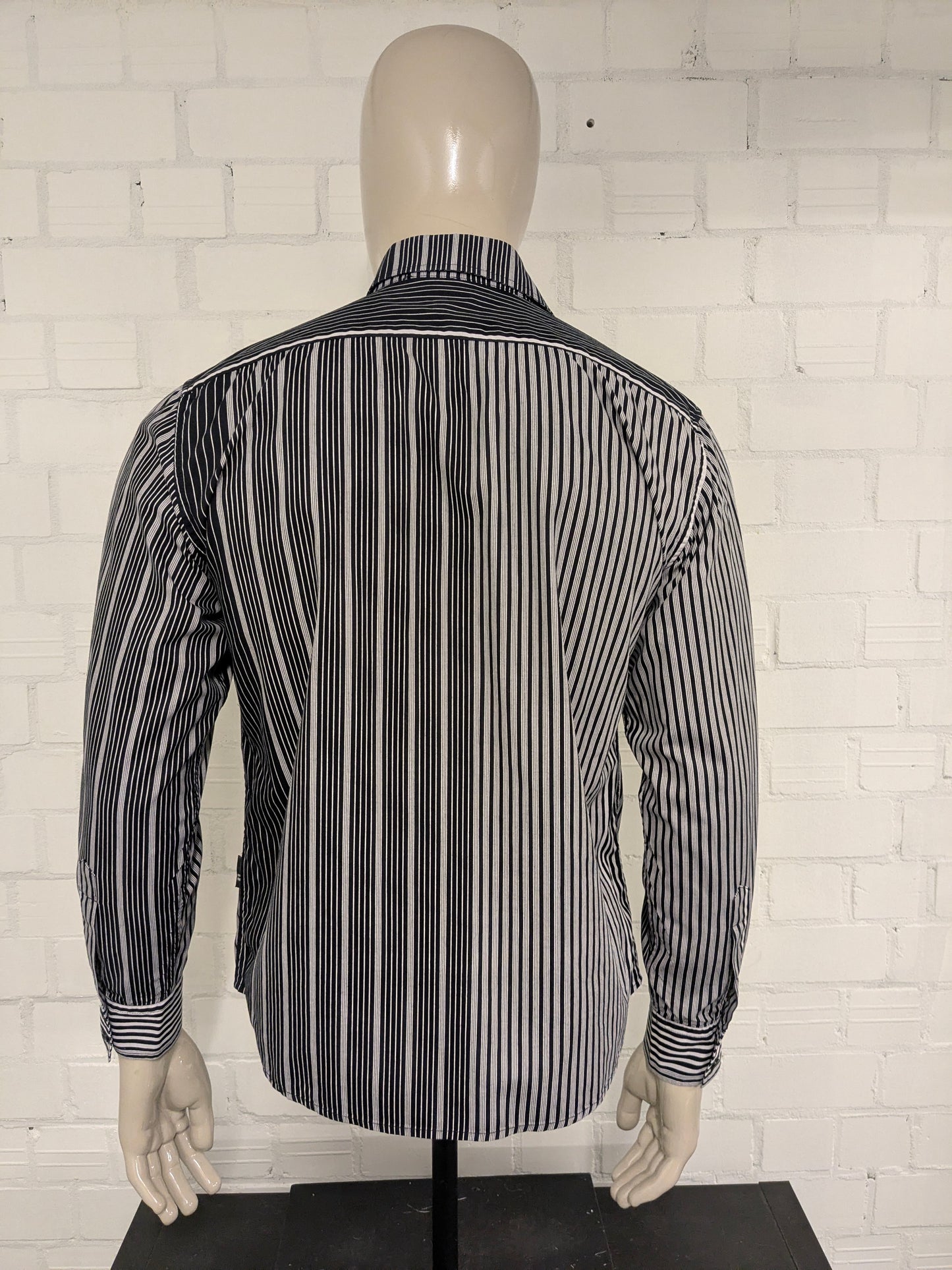 Vintage Angelo Litrico shirt. Black beige striped. Size L.