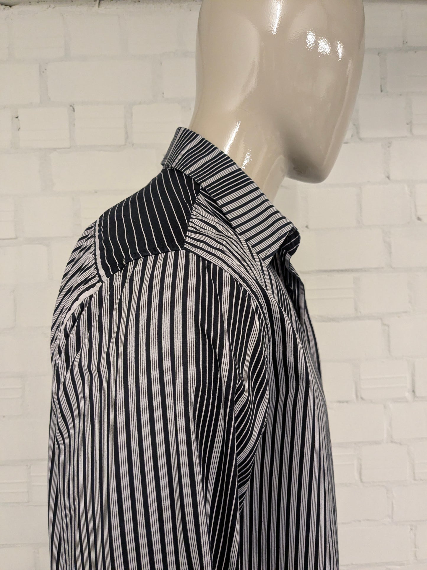 Vintage Angelo Litrico shirt. Black beige striped. Size L.