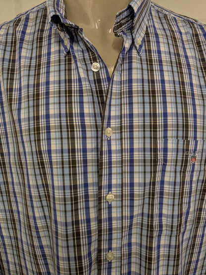 Chemise gant. Brun blanc bleu vérifié. Taille 3xl / xxxl. Tapez Portofino Poplin. Ajustement régulier.