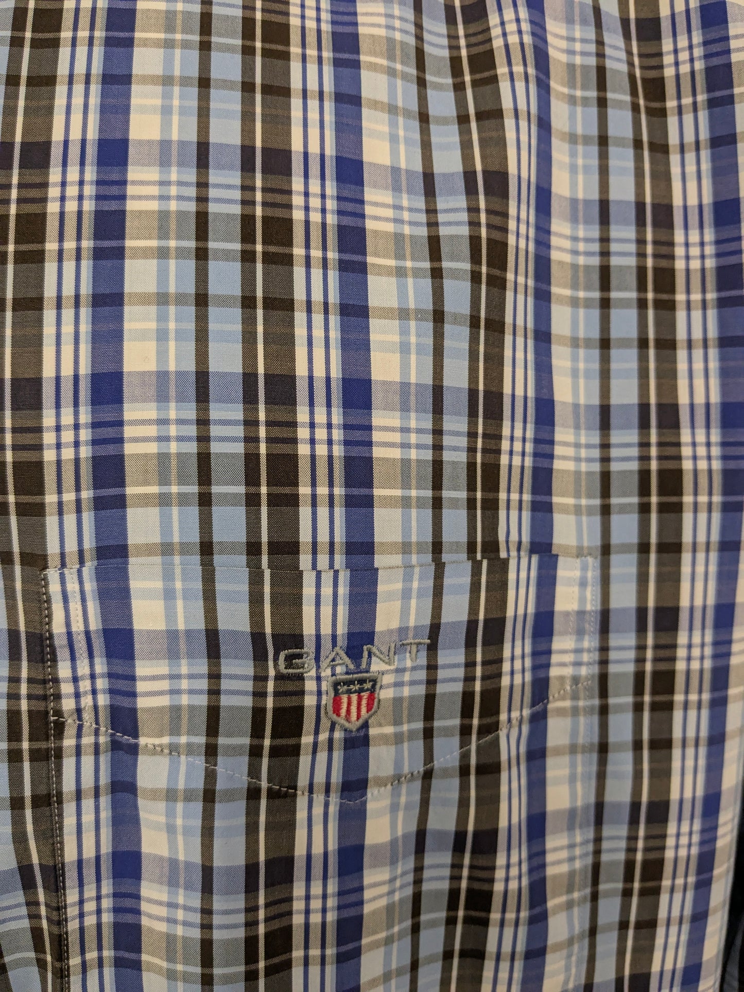 Chemise gant. Brun blanc bleu vérifié. Taille 3xl / xxxl. Tapez Portofino Poplin. Ajustement régulier.