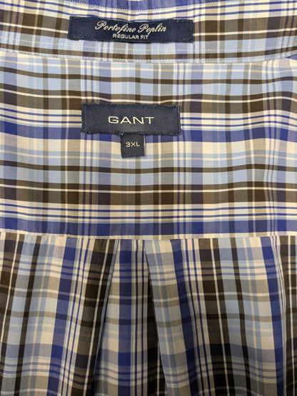 Chemise gant. Brun blanc bleu vérifié. Taille 3xl / xxxl. Tapez Portofino Poplin. Ajustement régulier.