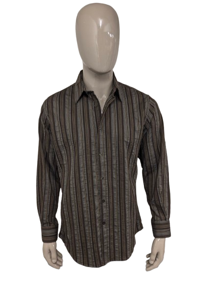 At company shirt. Gray brown black tangible striped motif. Size L.