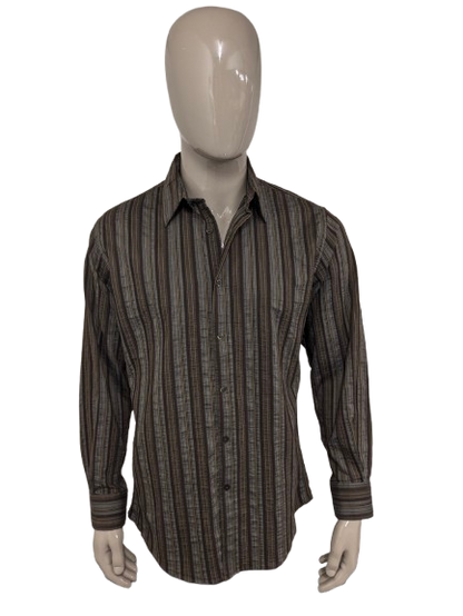 At company shirt. Gray brown black tangible striped motif. Size L.