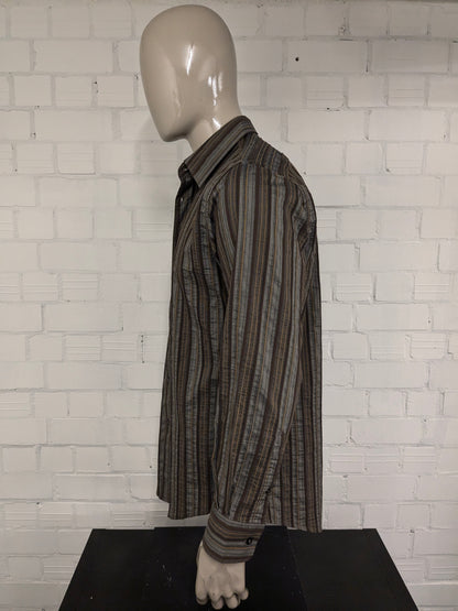 At company shirt. Gray brown black tangible striped motif. Size L.