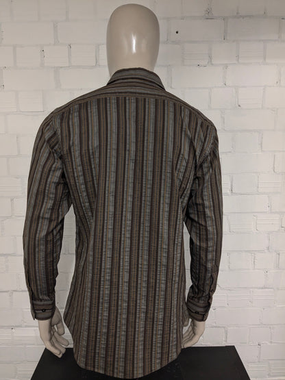 At company shirt. Gray brown black tangible striped motif. Size L.