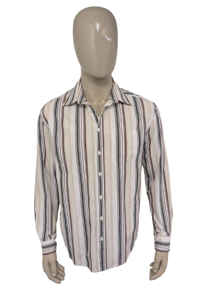 S. Oliver-Shirt. Weiß Braun Beige Schwarz gestreift. Größe XL.