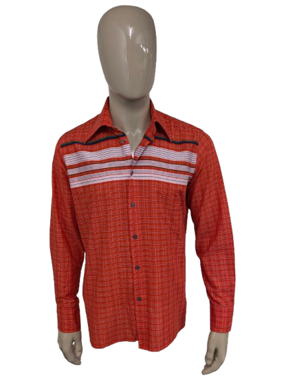 Camicia Globetrotter vintage degli anni '70 con colletto punti. Strisce bianche verde blu arancione. Taglia L.