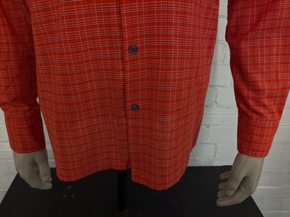 Camicia Globetrotter vintage degli anni '70 con colletto punti. Strisce bianche verde blu arancione. Taglia L.