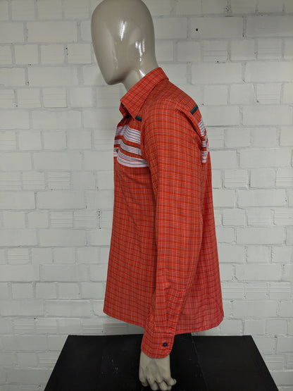 Camicia Globetrotter vintage degli anni '70 con colletto punti. Strisce bianche verde blu arancione. Taglia L.