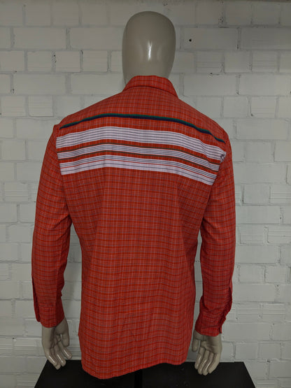 Camicia Globetrotter vintage degli anni '70 con colletto punti. Strisce bianche verde blu arancione. Taglia L.