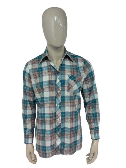 Chemise londonienne vintage des années 70 avec collier. Bleu rouge vert vérifié. Taille L.