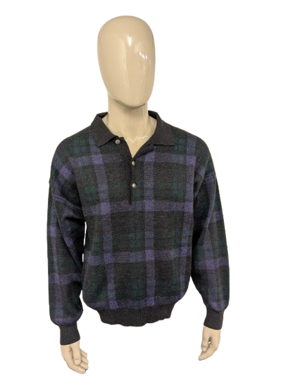 Vintage Alpaca Wollen Jockey polo trui met mooie knopen. Paars Grijs Groen gekleurd. Maat XL.