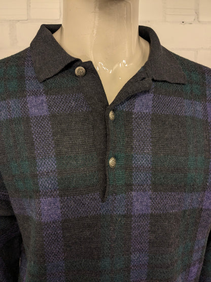 Vintage Alpaca Wollen Jockey polo trui met mooie knopen. Paars Grijs Groen gekleurd. Maat XL.