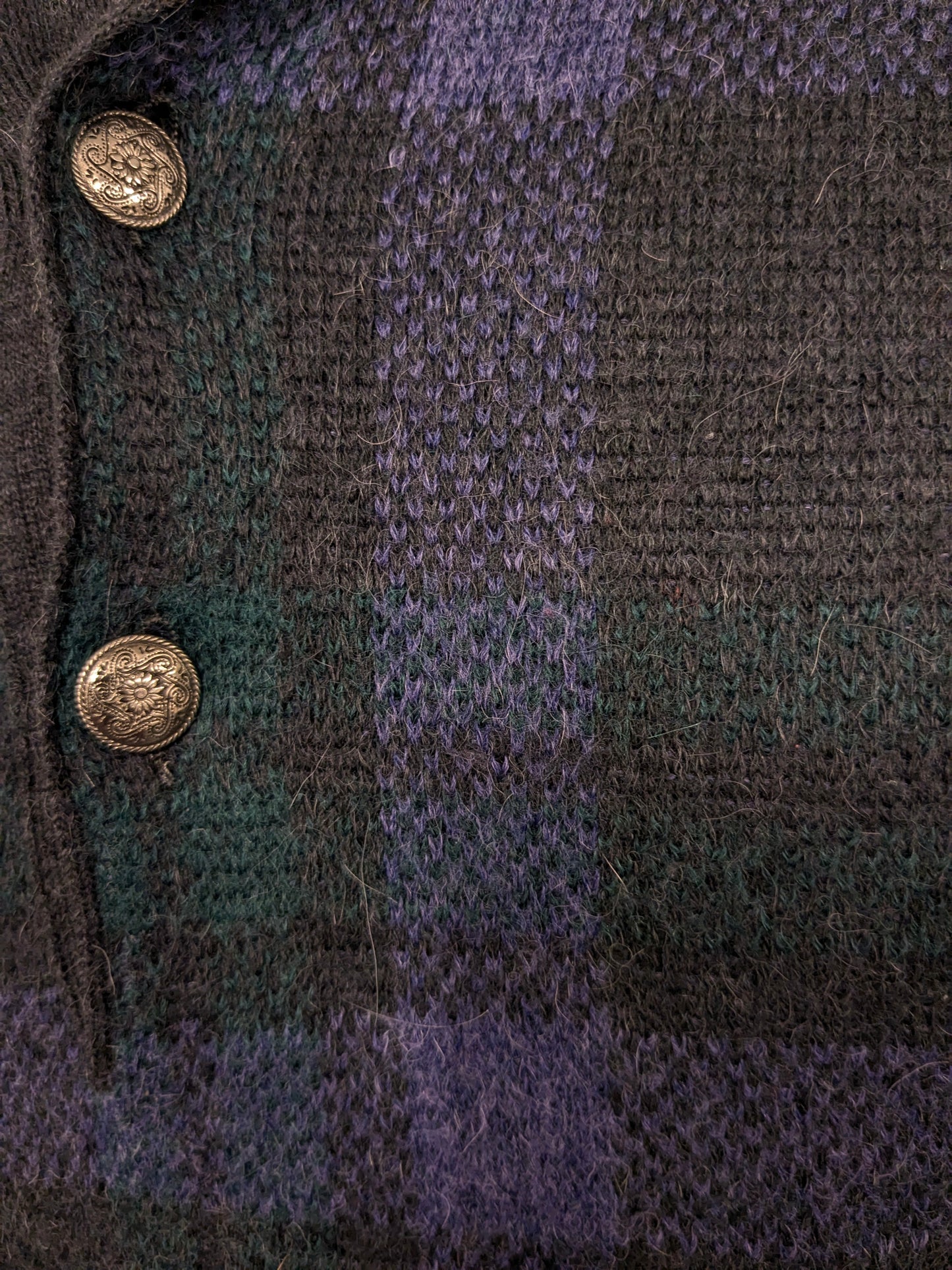 Vintage Alpaca Wollen Jockey polo trui met mooie knopen. Paars Grijs Groen gekleurd. Maat XL.