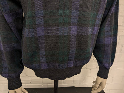 Vintage Alpaca Wollen Jockey polo trui met mooie knopen. Paars Grijs Groen gekleurd. Maat XL.